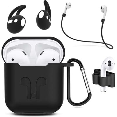 MMOBIEL Estojo de silicone à prova de choques compatível com AirPods 1/2 capa protetora Skins 6 em 1 conjunto com clipe de orelha ganchos correia (preto) MMOBIEL Estojo de silicone à prova de choques compatível com AirPods 1/2 capa protetora Skins 6 em 1 conjunto com clipe de orelha ganchos correia (preto)