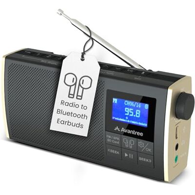 Avantree Soundbyte T – Radio FM Portátil con Altavoz Bluetooth Transmite áudio para auriculares sem fios, compatível com cartão SD e até 11 horas de uso para casa e exterior Avantree Soundbyte T – Radio FM Portátil con Altavoz Bluetooth Transmite áudio para auriculares sem fios, compatível com cartão SD e até 11 horas de uso para casa e exterior