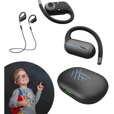 PowerLocus Auriculares sem fios para crianças, som limitado seguro de 85dB, auriculares com gancho de orelha flexíveis, som estéreo, impermeáveis, design confortável, auscultadores sem fios com PowerLocus Auriculares sem fios para crianças, som limitado seguro de 85dB, auriculares com gancho de orelha flexíveis, som estéreo, impermeáveis, design confortável, auscultadores sem fios com