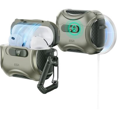 ESR Capa AirPods Pro 3, compatível com MagSafe, fecho antiquedas Compatível com AirPods Pro 3, compatível com MagSafe, proteção contra quedas, tampa magnética, série Cyber, verde militar ESR Capa AirPods Pro 3, compatível com MagSafe, fecho antiquedas Compatível com AirPods Pro 3, compatível com MagSafe, proteção contra quedas, tampa magnética, série Cyber, verde militar
