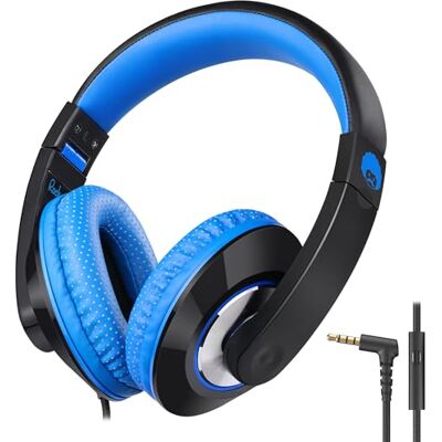 RockPapa Auriculares para crianças, auriculares com cabo e microfone, Over Ear, ajustável, jack áudio de 3,5 mm, para crianças adultos escola viajar, preto azul RockPapa Auriculares para crianças, auriculares com cabo e microfone, Over Ear, ajustável, jack áudio de 3,5 mm, para crianças adultos escola viajar, preto azul