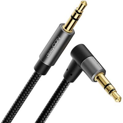 deleyCON Cabo de áudio auxiliar de 10m 3,5mm estéreo Conector reto a conector em ângulo de 90°, revestido de algodão, com fichas metálicas compatível com smartphone, tablet, auriculares deleyCON Cabo de áudio auxiliar de 10m 3,5mm estéreo Conector reto a conector em ângulo de 90°, revestido de algodão, com fichas metálicas compatível com smartphone, tablet, auriculares