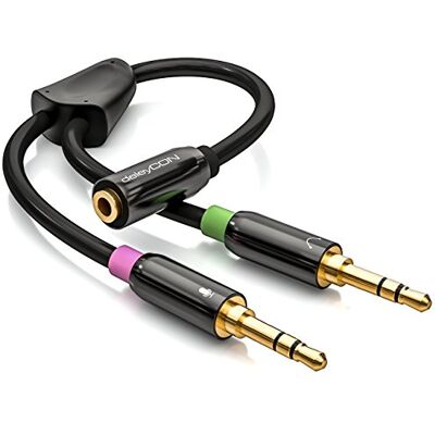 deleyCON Adaptador de auriculares para PC cabo divisor em Y de áudio estéreo Jack 3,5 mm 1 fêmea a 2X machos auriculares de jogos com microfone para PC ou computador portátil deleyCON Adaptador de auriculares para PC cabo divisor em Y de áudio estéreo Jack 3,5 mm 1 fêmea a 2X machos auriculares de jogos com microfone para PC ou computador portátil