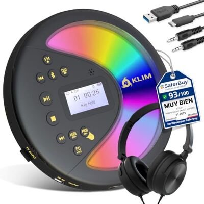 KLIM Discover Reproductor de CD Portátil, Radio FM Bluetooth, para Coche Incluye Auriculares, Puerto Auxiliar, Lector de Tarjetas SD, Ecualizador y Grabación Integrados, Negro y Dorado KLIM Discover Reproductor de CD Portátil, Radio FM Bluetooth, para Coche Incluye Auriculares, Puerto Auxiliar, Lector de Tarjetas SD, Ecualizador y Grabación Integrados, Negro y Dorado