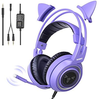 SOMIC G951S Púrpura Auscultadores para Jogos com microfone, para Meninas e Mulheres, Orelha de Gato removível, Auscultadores com Controlo de Volume para Xbox One, Switch, PS4, PS5 Jack de 3,5 mm SOMIC G951S Púrpura Auscultadores para Jogos com microfone, para Meninas e Mulheres, Orelha de Gato removível, Auscultadores com Controlo de Volume para Xbox One, Switch, PS4, PS5 Jack de 3,5 mm