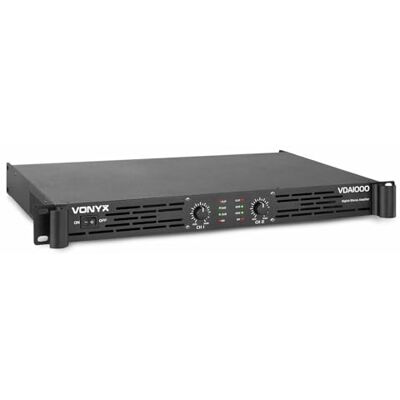 Vonyx VDA1000 Amplificador potente de 2 x 500 W com equalizador de 3 bandas, entrada combinada DMX de 2 canais, saída Speak-On, ideal para altifalantes de DJ, discotecas, bares, eventos. Preto Formato Rack 1U compacto, refrigeración activa, protección e Vonyx VDA1000 Amplificador potente de 2 x 500 W com equalizador de 3 bandas, entrada combinada DMX de 2 canais, saída Speak-On, ideal para altifalantes de DJ, discotecas, bares, eventos. Preto Formato Rack 1U compacto, refrigeración activa, protección e