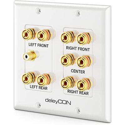 deleyCON Tomada de conexão tomada de parede para altifalante placa de parede com tomadas tipo banana para sistema Surround Sound 5.1 e subwoofer para cinema em casa deleyCON Tomada de conexão tomada de parede para altifalante placa de parede com tomadas tipo banana para sistema Surround Sound 5.1 e subwoofer para cinema em casa