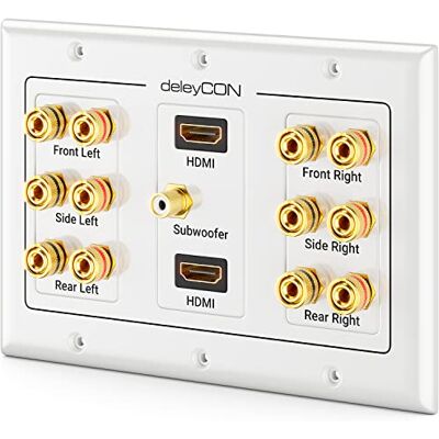 deleyCON Tomada de conexão tomada de parede para altifalante placa de parede com tomadas tipo banana e 2 tomadas HDMI para sistema surround Sound 6.1 e subwoofer para cinema em casa deleyCON Tomada de conexão tomada de parede para altifalante placa de parede com tomadas tipo banana e 2 tomadas HDMI para sistema surround Sound 6.1 e subwoofer para cinema em casa