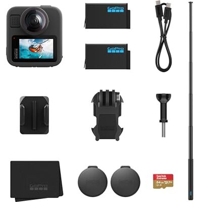 GoPro Pacote MAX2 + Acessórios: Inclui poste de extensão de 1,2 m (4 pés), 2 baterias Enduro de 1960 mAh e cartão microSD SanDisk de 64 GB GoPro Pacote MAX2 + Acessórios: Inclui poste de extensão de 1,2 m (4 pés), 2 baterias Enduro de 1960 mAh e cartão microSD SanDisk de 64 GB