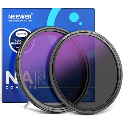 Neewer HD True Colors 58 mm ND Variável filtro ND2-512 (1-9 paradas), filtro VND e filtro de lente magnética ND32, filtro de densidade neutra multicamada, sem alteração de cor/sem cruz X/sem vinheta Neewer HD True Colors 58 mm ND Variável filtro ND2-512 (1-9 paradas), filtro VND e filtro de lente magnética ND32, filtro de densidade neutra multicamada, sem alteração de cor/sem cruz X/sem vinheta