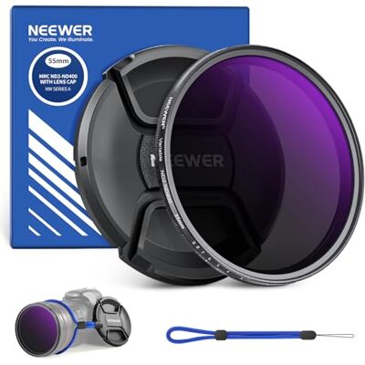 Neewer 55 mm Filtro ND variável ND2-400 (1-9 paragens) com tampa de lente, cordão, pano de limpeza, ajuste preciso de densidade neutra, vidro ótico multicamada resistente a impressões digitais e Neewer 55 mm Filtro ND variável ND2-400 (1-9 paragens) com tampa de lente, cordão, pano de limpeza, ajuste preciso de densidade neutra, vidro ótico multicamada resistente a impressões digitais e