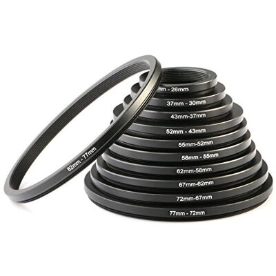 K&F CONCEPT Conjunto de 11 adaptadores de Filtro Step Down Ring Set 30-26,37-30,43-37,52-43,55-52,58-55,62-58,67-62,72-67,77-72,82-77MM Step Down Adaptador de Filtro Reduzido para Canon, Nikon Sony K&F CONCEPT Conjunto de 11 adaptadores de Filtro Step Down Ring Set 30-26,37-30,43-37,52-43,55-52,58-55,62-58,67-62,72-67,77-72,82-77MM Step Down Adaptador de Filtro Reduzido para Canon, Nikon Sony