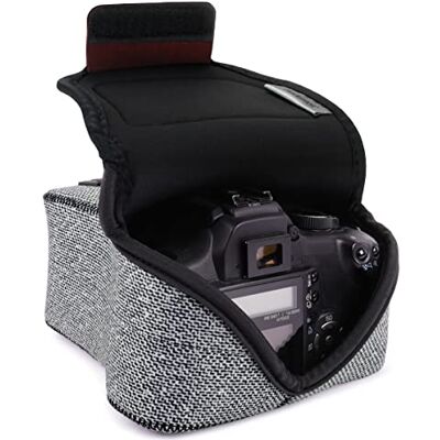 USA Gear Capa para câmara DSLR com proteção de neopreno, presilha para cinto e armazenamento de acessórios, compatível com Canon EOS Rebel T7, 850D, Nikon D3500, D5600 e mais (tecido cinzento) USA Gear Capa para câmara DSLR com proteção de neopreno, presilha para cinto e armazenamento de acessórios, compatível com Canon EOS Rebel T7, 850D, Nikon D3500, D5600 e mais (tecido cinzento)