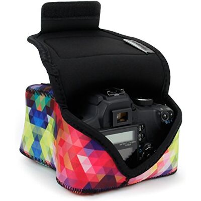 USA Gear Capa para câmara DSLR com proteção de neopreno, alça para cinto e armazenamento de acessórios, compatível com Canon EOS Rebel T7, 850D, Nikon D3500, D5600 e mais, Geométrico, Tamanho único USA Gear Capa para câmara DSLR com proteção de neopreno, alça para cinto e armazenamento de acessórios, compatível com Canon EOS Rebel T7, 850D, Nikon D3500, D5600 e mais, Geométrico, Tamanho único