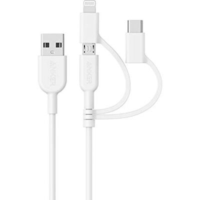 Anker PowerLine II Cabo 3 em 1 Lightning tipo C micro USB, 3 pés branco. Para iPhone, iPad, Huawei, HTC, LG, Samsung Galaxy, Sony Xperia e smartphones Android Anker PowerLine II Cabo 3 em 1 Lightning tipo C micro USB, 3 pés branco. Para iPhone, iPad, Huawei, HTC, LG, Samsung Galaxy, Sony Xperia e smartphones Android