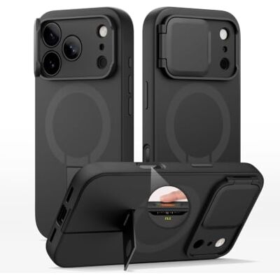 SURITCH Capa magnética compatível com iPhone 17 Pro, capa de amortecimento à prova de proteção com tampa de câmara e suporte ajustável (preto) SURITCH Capa magnética compatível com iPhone 17 Pro, capa de amortecimento à prova de proteção com tampa de câmara e suporte ajustável (preto)