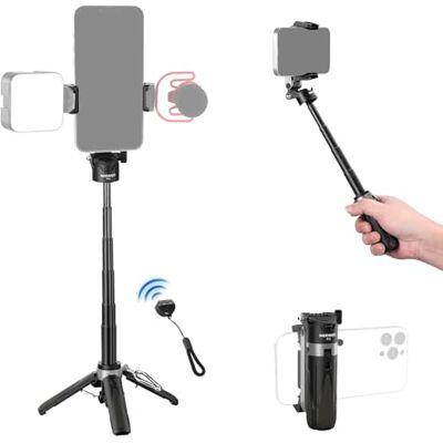 NEEWER Selfie stick com obturador remoto Bluetooth removível, tripé de viagem dobrável leve para iPhone, suporte de telefone de 360°, sapato frio para Youtube/TikTok, Vlogs ao vivo, fotografia NEEWER Selfie stick com obturador remoto Bluetooth removível, tripé de viagem dobrável leve para iPhone, suporte de telefone de 360°, sapato frio para Youtube/TikTok, Vlogs ao vivo, fotografia