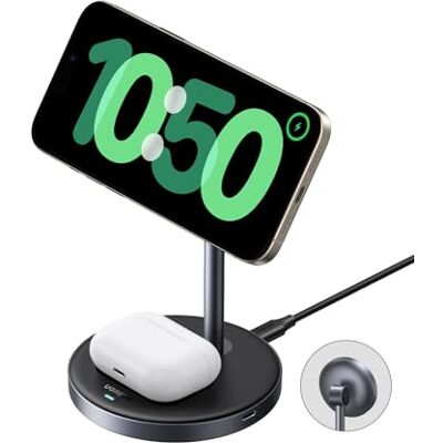 UGREEN MagFlow Qi2 15 W Carregador sem fios 2 em 1, estação de carregamento Certificado Qi2, ângulo ajustável, luzes LED, para iPhone série 18-12, AirPods e mais, adaptador não incluído UGREEN MagFlow Qi2 15 W Carregador sem fios 2 em 1, estação de carregamento Certificado Qi2, ângulo ajustável, luzes LED, para iPhone série 18-12, AirPods e mais, adaptador não incluído