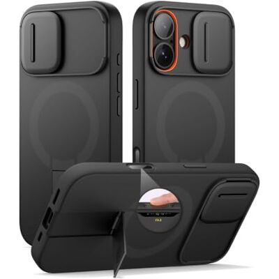 SURITCH Capa magnética compatível com iPhone 17, capa de amortecimento à prova de proteção com tampa de câmara deslizante e suporte ajustável (preto) SURITCH Capa magnética compatível com iPhone 17, capa de amortecimento à prova de proteção com tampa de câmara deslizante e suporte ajustável (preto)