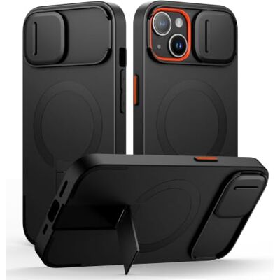 SURITCH Capa magnética compatível com iPhone 15, capa de amortecimento à prova de proteção com tampa de câmara deslizante e suporte ajustável (preto) SURITCH Capa magnética compatível com iPhone 15, capa de amortecimento à prova de proteção com tampa de câmara deslizante e suporte ajustável (preto)