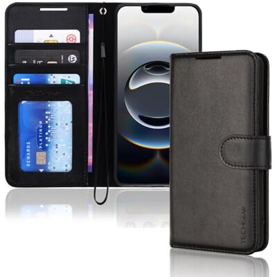 TECHGEAR Capa tipo carteira de pele sintética para iPhone 16e 2025 com fecho magnético (bloqueio RFID), cartão, suporte e correia para o pulso, pele sintética preta com fecho magnético TECHGEAR Capa tipo carteira de pele sintética para iPhone 16e 2025 com fecho magnético (bloqueio RFID), cartão, suporte e correia para o pulso, pele sintética preta com fecho magnético