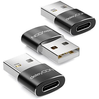 deleyCON Adaptador USB C (3 Peças) Conector USB-C a USB-A para Cabo de Carregamento Carregador de Dados para iPhone 17 16 15, iPad, Airpods, Watch, Galaxy S25/S24/S23, PC, Tablet, Notebook Preto deleyCON Adaptador USB C (3 Peças) Conector USB-C a USB-A para Cabo de Carregamento Carregador de Dados para iPhone 17 16 15, iPad, Airpods, Watch, Galaxy S25/S24/S23, PC, Tablet, Notebook Preto