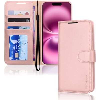 TECHGEAR Capa de couro sintético com tampa para iPhone 16 Plus de 6,7 polegadas, com cartão, suporte e alça para o pulso, pele sintética rosa com fecho magnético TECHGEAR Capa de couro sintético com tampa para iPhone 16 Plus de 6,7 polegadas, com cartão, suporte e alça para o pulso, pele sintética rosa com fecho magnético