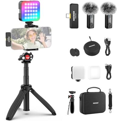 NEEWER Kit de vlogging para telemóvel com luz LED RGB/Sistema de microfone sem fios lavalier/Tripé para telemóvel selfie stick, Criador de conteúdo essencial para iPhone Android Podcast Youtube, PA048 NEEWER Kit de vlogging para telemóvel com luz LED RGB/Sistema de microfone sem fios lavalier/Tripé para telemóvel selfie stick, Criador de conteúdo essencial para iPhone Android Podcast Youtube, PA048