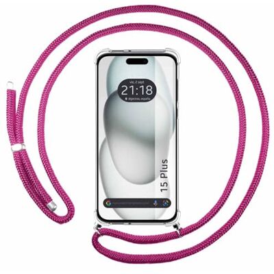 Tumundosmartphone Capa pendente transparente compatível com iPhone 15 Plus (6.7) com cordão rosa fúcsia Tumundosmartphone Capa pendente transparente compatível com iPhone 15 Plus (6.7) com cordão rosa fúcsia
