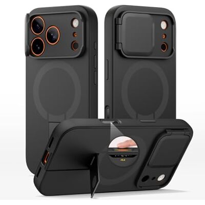 SURITCH Capa magnética compatível com iPhone 17 Pro MAX, capa de amortecimento à prova de proteção com tampa de câmara e suporte ajustável (preto) SURITCH Capa magnética compatível com iPhone 17 Pro MAX, capa de amortecimento à prova de proteção com tampa de câmara e suporte ajustável (preto)