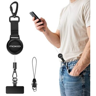 MoKo corda para telemóvel retrátil anti-roubo, preto cordão para telemóvel com cabo resistente e fixação metálica giratória 360° MoKo corda para telemóvel retrátil anti-roubo, preto cordão para telemóvel com cabo resistente e fixação metálica giratória 360°