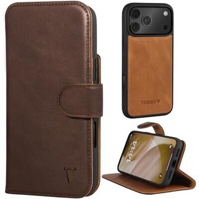 TORRO Capa de couro compatível com iPhone 17 Pro MAX, capa de pele tipo carteira removível com suporte e ranhuras para cartões (compatível com carregadores MagSafe oficiais) (castanho escuro) TORRO Capa de couro compatível com iPhone 17 Pro MAX, capa de pele tipo carteira removível com suporte e ranhuras para cartões (compatível com carregadores MagSafe oficiais) (castanho escuro)