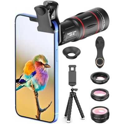 APEXEL Kit de lentes telefoto 18x (Lente larga 0,63x e lente macro 15x, olho de peixe a 198°, tripé flexível para iPhone e Samsung) Preto APEXEL Kit de lentes telefoto 18x (Lente larga 0,63x e lente macro 15x, olho de peixe a 198°, tripé flexível para iPhone e Samsung) Preto