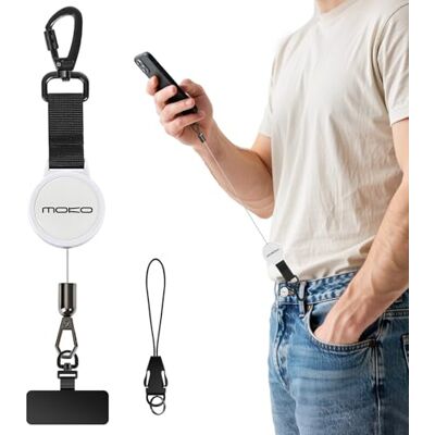 MoKo Corda para telemóvel retrátil anti-roubo, branco e preto cordão para telemóvel com cabo resistente e fixação metálica giratória 360° MoKo Corda para telemóvel retrátil anti-roubo, branco e preto cordão para telemóvel com cabo resistente e fixação metálica giratória 360°