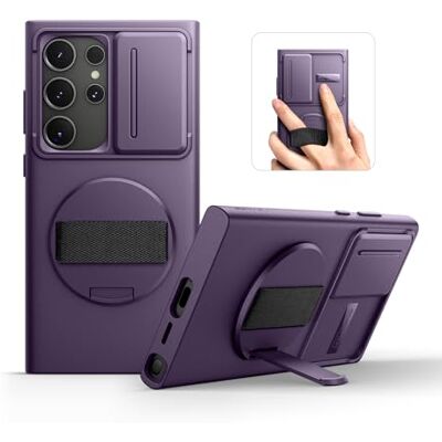SURITCH Capa para Samsung Galaxy S24 ultra com correia de mão giratória de 360° suporte para telefone e capa deslizante para câmera resistente e à prova de impactos, roxo SURITCH Capa para Samsung Galaxy S24 ultra com correia de mão giratória de 360° suporte para telefone e capa deslizante para câmera resistente e à prova de impactos, roxo
