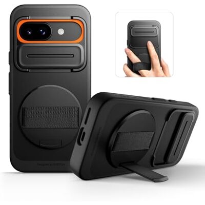 SURITCH Capa para Google Pixel 9a com correia de mão giratória de 360° suporte para telemóvel e cobertura deslizante para câmara resistente e à prova de impactos, preto SURITCH Capa para Google Pixel 9a com correia de mão giratória de 360° suporte para telemóvel e cobertura deslizante para câmara resistente e à prova de impactos, preto