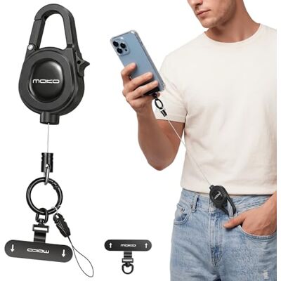 MoKo corda para telemóvel retrátil anti-roubo, preto cordão para telemóvel com cabo resistente e fixação metálica giratória 360° MoKo corda para telemóvel retrátil anti-roubo, preto cordão para telemóvel com cabo resistente e fixação metálica giratória 360°