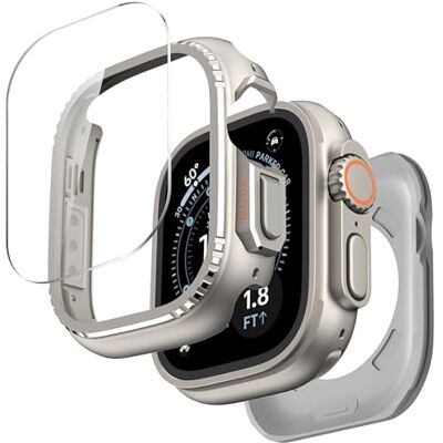 MoKo Capa metálica para Apple Watch Ultra 3/2/1, 49 mm, protetor de ecrã em vidro temperado, protetor lateral e traseiro resistente, proteção completa 360, cinzento titânio MoKo Capa metálica para Apple Watch Ultra 3/2/1, 49 mm, protetor de ecrã em vidro temperado, protetor lateral e traseiro resistente, proteção completa 360, cinzento titânio
