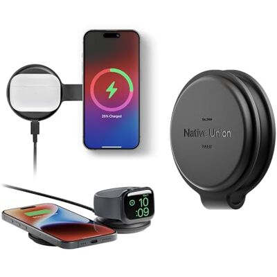 Native Union Voyage Carregador sem fios magnético 2 em 1 para iPhone 16, AirPods, Apple Watch e vários dispositivos, certificado Qi2 e compatível com MagSafe até 15 W (preto) Native Union Voyage Carregador sem fios magnético 2 em 1 para iPhone 16, AirPods, Apple Watch e vários dispositivos, certificado Qi2 e compatível com MagSafe até 15 W (preto)