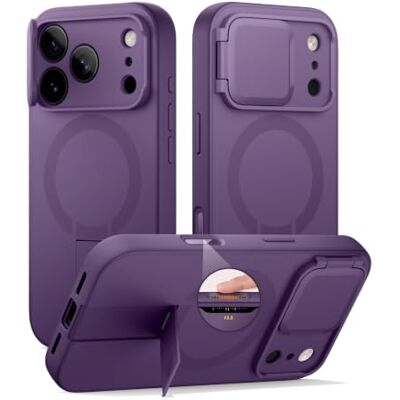 SURITCH Capa magnética compatível com iPhone 17 Pro, capa de amortecimento à prova de proteção com tampa de câmara e suporte ajustável (roxo) SURITCH Capa magnética compatível com iPhone 17 Pro, capa de amortecimento à prova de proteção com tampa de câmara e suporte ajustável (roxo)
