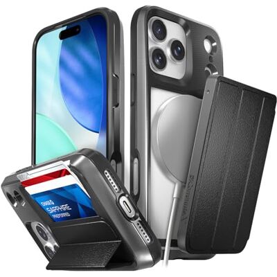 VENA vCommuteX Capa tipo carteira removível para Apple iPhone 17 Pro MAX (compatível com Magsafe, proteção contra quedas militares), capa de couro com ranhura para cartão e suporte preto VENA vCommuteX Capa tipo carteira removível para Apple iPhone 17 Pro MAX (compatível com Magsafe, proteção contra quedas militares), capa de couro com ranhura para cartão e suporte preto