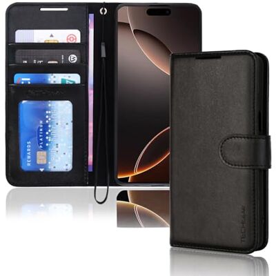 TECHGEAR Capa tipo carteira de pele sintética para iPhone 16 Pro de 6,3 polegadas (bloqueio RFID), cartão, suporte e correia para o pulso, pele sintética preta com fecho magnético, projetada para TECHGEAR Capa tipo carteira de pele sintética para iPhone 16 Pro de 6,3 polegadas (bloqueio RFID), cartão, suporte e correia para o pulso, pele sintética preta com fecho magnético, projetada para