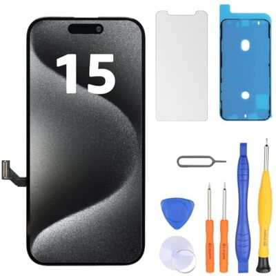 LL TRADER Ecrã para iPhone 15 LCD 6,1" e kit de reparação Estrutura de montagem para digitalizador tátil 3D Touch com ecrã FHD, com fita adesiva impermeável e protetor LL TRADER Ecrã para iPhone 15 LCD 6,1" e kit de reparação Estrutura de montagem para digitalizador tátil 3D Touch com ecrã FHD, com fita adesiva impermeável e protetor