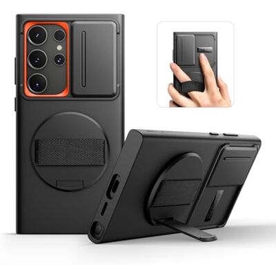 SURITCH Capa para Samsung Galaxy S24 ultra com correia de mão giratória de 360° suporte para telefone e capa deslizante para câmera resistente e à prova de impactos, preto SURITCH Capa para Samsung Galaxy S24 ultra com correia de mão giratória de 360° suporte para telefone e capa deslizante para câmera resistente e à prova de impactos, preto