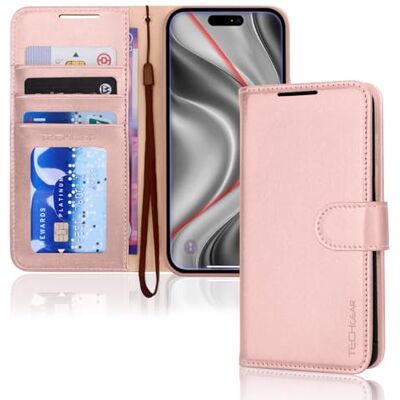 TECHGEAR Capa tipo carteira de pele sintética para iPhone 17 Pro com bloqueio RFID, com cartão, suporte, correia de pulso, fecho magnético, pele sintética rosa para iPhone 17 Pro de 6,3 polegadas TECHGEAR Capa tipo carteira de pele sintética para iPhone 17 Pro com bloqueio RFID, com cartão, suporte, correia de pulso, fecho magnético, pele sintética rosa para iPhone 17 Pro de 6,3 polegadas