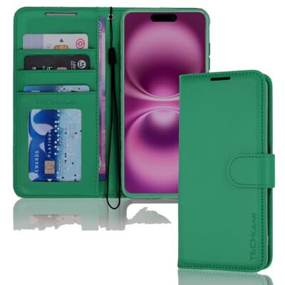 TECHGEAR Capa tipo carteira de pele sintética para iPhone 16 Plus de 6,7 polegadas (bloqueio RFID), cartão, suporte e correia para o pulso, pele sintética verde com fecho magnético TECHGEAR Capa tipo carteira de pele sintética para iPhone 16 Plus de 6,7 polegadas (bloqueio RFID), cartão, suporte e correia para o pulso, pele sintética verde com fecho magnético