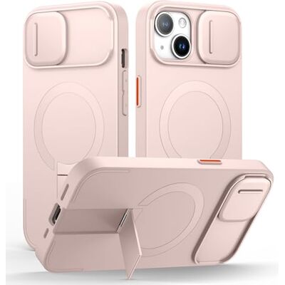 SURITCH Capa magnética compatível com iPhone 13/14, capa de amortecimento à prova de proteção com tampa de câmara deslizante e suporte ajustável (rosa) SURITCH Capa magnética compatível com iPhone 13/14, capa de amortecimento à prova de proteção com tampa de câmara deslizante e suporte ajustável (rosa)