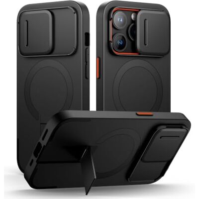 SURITCH Capa magnética compatível com iPhone 14 Pro, capa de amortecimento à prova de proteção com tampa de câmara deslizante e suporte ajustável (preto) SURITCH Capa magnética compatível com iPhone 14 Pro, capa de amortecimento à prova de proteção com tampa de câmara deslizante e suporte ajustável (preto)