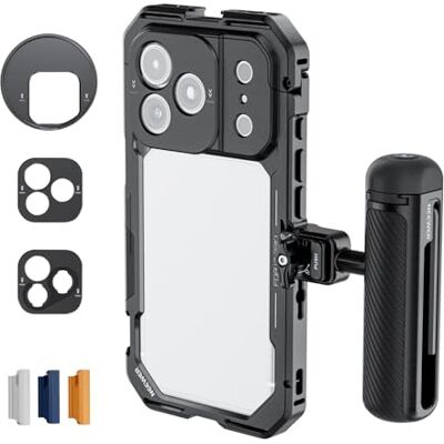 NEEWER Kit gaiola para telemóvel compatível com iPhone 17 Pro, acessório estabilizador de vídeo com anel de filtro de 67 mm, 17 mm & T Mount placa traseira alvo, pega Bluetooth libertação rápida, PA143 (preto) NEEWER Kit gaiola para telemóvel compatível com iPhone 17 Pro, acessório estabilizador de vídeo com anel de filtro de 67 mm, 17 mm & T Mount placa traseira alvo, pega Bluetooth libertação rápida, PA143 (preto)