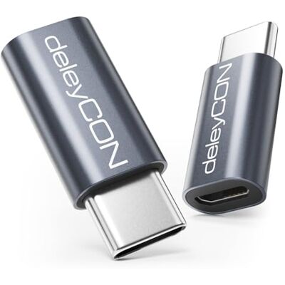deleyCON Adaptador micro USB para USB-C (2 unidades) conector USB-C para porta micro USB OTG compatível com iPhone, iPad, Galaxy, telefones tipo C, tablets, câmaras, portáteis, etc. deleyCON Adaptador micro USB para USB-C (2 unidades) conector USB-C para porta micro USB OTG compatível com iPhone, iPad, Galaxy, telefones tipo C, tablets, câmaras, portáteis, etc.